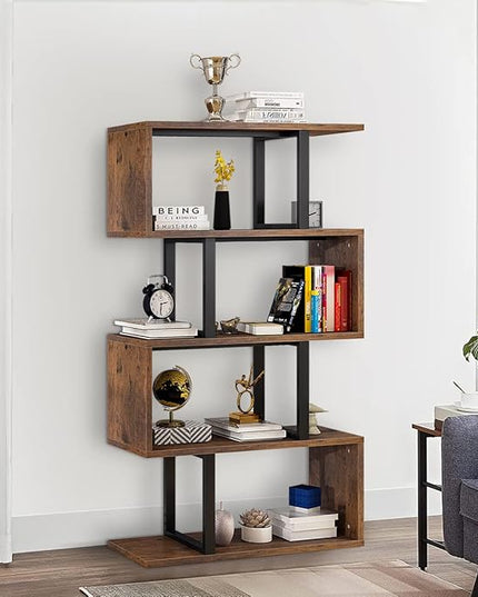 YITAHOME 5 Tiers Bookshelf, Modern S-Shaped Z-Shelf Style Bookshelves, Multifunctional Geometric Bookcase Storage Display Shelf for Living Room Bedroom Home Office, Retro Brown - LeafyLoom
