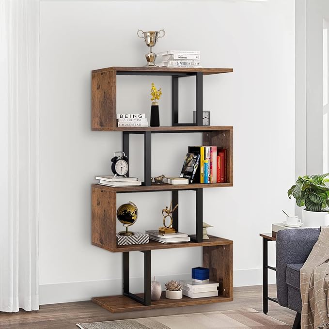 YITAHOME 5 Tiers Bookshelf, Modern S-Shaped Z-Shelf Style Bookshelves, Multifunctional Geometric Bookcase Storage Display Shelf for Living Room Bedroom Home Office, Retro Brown - LeafyLoom
