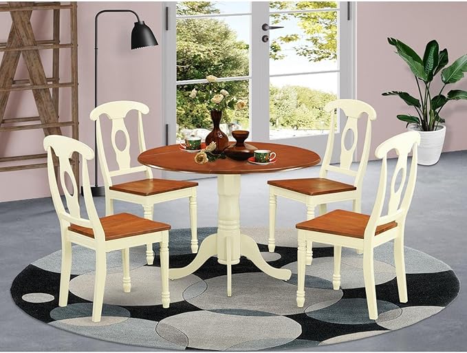 East West Furniture Dublin 5 Piece Room Furniture Set Includes a Round Kitchen Table with Dropleaf and 4 Dining Chairs, 42x42 Inch, Buttermilk & Cherry - LeafyLoom