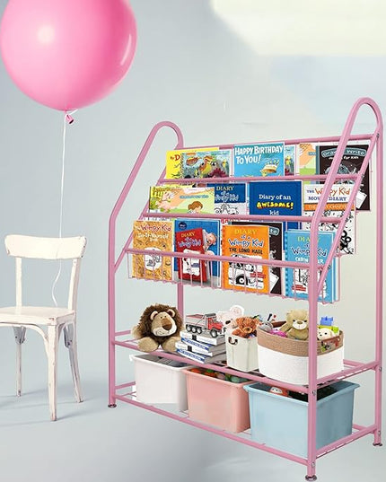 aboxoo Metal Kids Bookshelf Pink Bookcase Freestanding for Children Girls Room 32 inches Large Toddler Pink Stable Bookcase Bookstore Library Book Unit Storage - LeafyLoom