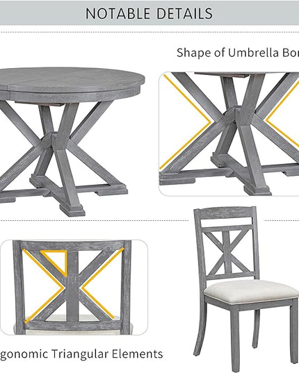 Retro Style 5 Piece Set with Extendable Round Table and 4 Upholstered Chairs, Full Assembly Required and Easy Clean, for Dining Room, Kitchen, Grey 34 - LeafyLoom