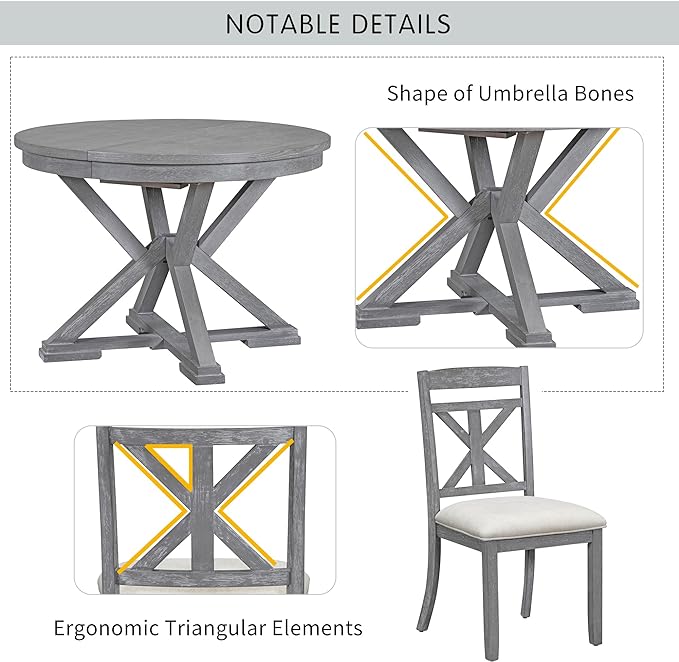 Retro Style 5 Piece Set with Extendable Round Table and 4 Upholstered Chairs, Full Assembly Required and Easy Clean, for Dining Room, Kitchen, Grey 34 - LeafyLoom