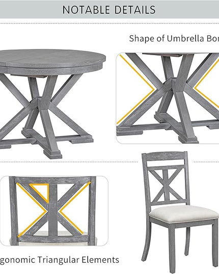 Merax Dining Set with Extendable Round Table and 4 Upholstered Chairs, Grey, 5-Piece Retro, Gray - LeafyLoom