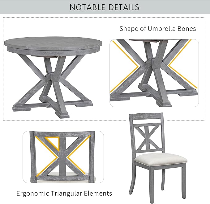 Merax Dining Set with Extendable Round Table and 4 Upholstered Chairs, Grey, 5-Piece Retro, Gray - LeafyLoom