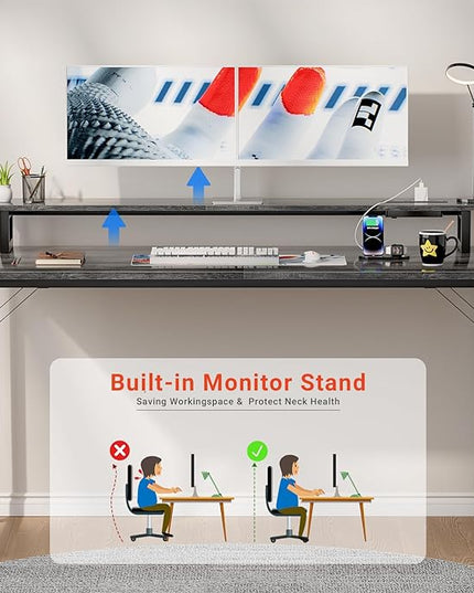 47 inch Computer Desk with Power Outlets, Gaming desk with LED Lights, Home Office Work Desk with Monitor Shelf, Modern Office Desk Study Writing Table for Small Spaces, Black Oak - LeafyLoom