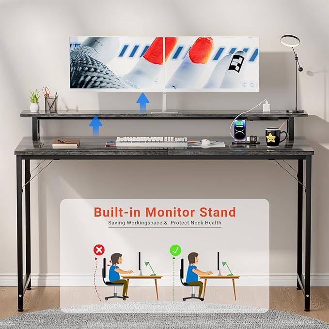 47 inch Computer Desk with Power Outlets, Gaming desk with LED Lights, Home Office Work Desk with Monitor Shelf, Modern Office Desk Study Writing Table for Small Spaces, Black Oak - LeafyLoom