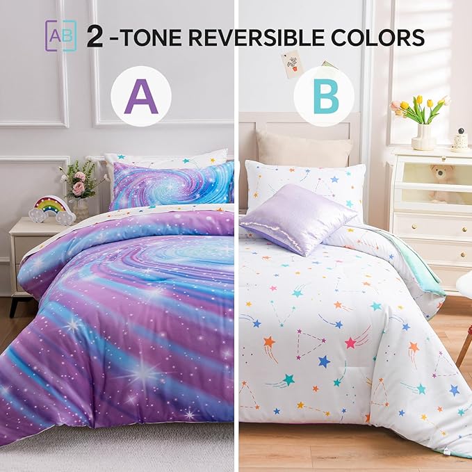 Btargot Super Soft 6 Pieces Gradient Star Ring Comforter Set, Colorful Glitter Rainbow Star Pattern Bedding Set for Boys Girls Teens, Full Purple - LeafyLoom