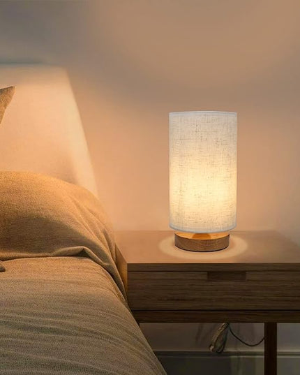 Small Bedside Night Table Lamp for Bedroom, Minimalist Nightstand Lamp with Round Fabric Linen Shade, Study Reading Desk Lamp for Kids Room, Living Room, College Dorm, Home, Office - LeafyLoom