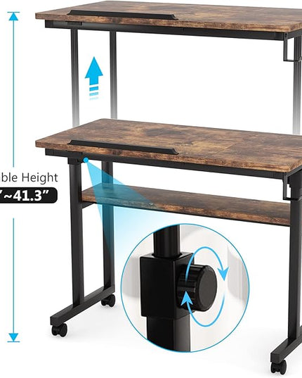 Small Portable Rolling Computer Desk Height Adjustable Standing Table, Brown - LeafyLoom