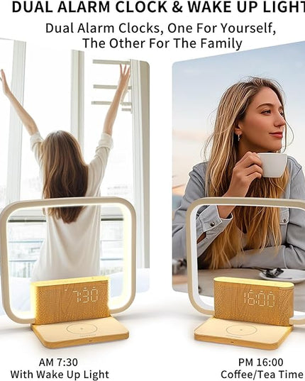 Touch Lamp with Alarm Clock Wireless Charging 3 Level Dimmable Bedside Lamps for Bedroom Living Room,Sunrise Clock LED Wake-up Light with Natural White Noise Sound Desk Lamp for Reading Office. - LeafyLoom