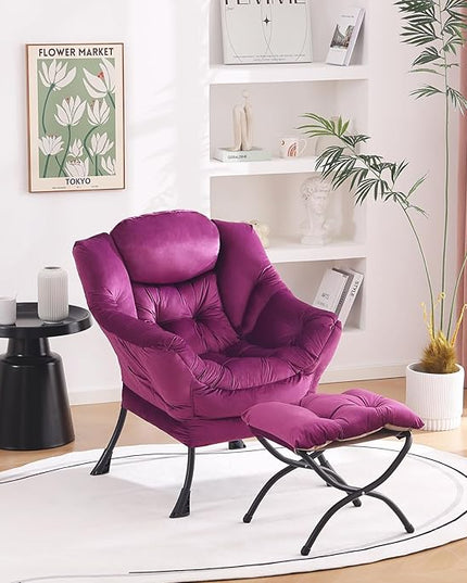 Welnow Lazy Chair with Ottoman, Modern Lounge Accent Chair with Armrests and a Side Pocket, Leisure Sofa Chair Set, Reading Chair with Footrest for Small Space, Corner Chair, Dark Purple - LeafyLoom