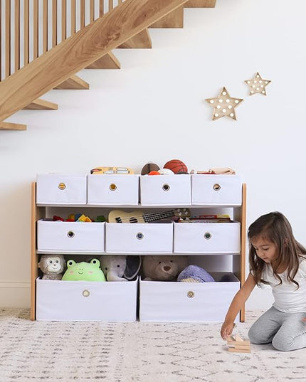 Humble Crew Kids Toy Organizer with 9 Collapsible Fabric Storage, Natural Wood and White Bins - LeafyLoom