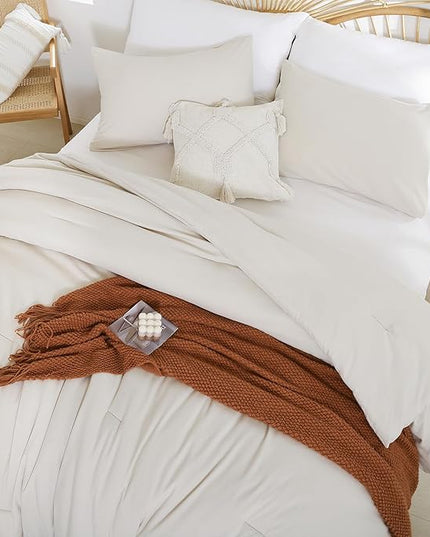 Beige Comforter Queen Size 3PCS Bed Comforter with 2 Pillowcases - Ligtweight Soft Solid All Season Queen Comforter Bed Set - Boho Aesthetic Bedding Set for Men and Women - LeafyLoom