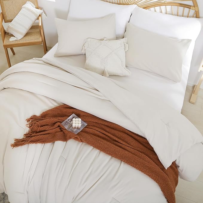 Beige Comforter Set King Size - 3 Pieces Lightweight Solid Bedding Comforter Set - All Season Fluffy Microfiber Bed Set (1 Comforter, 2 Pillowcases) - LeafyLoom