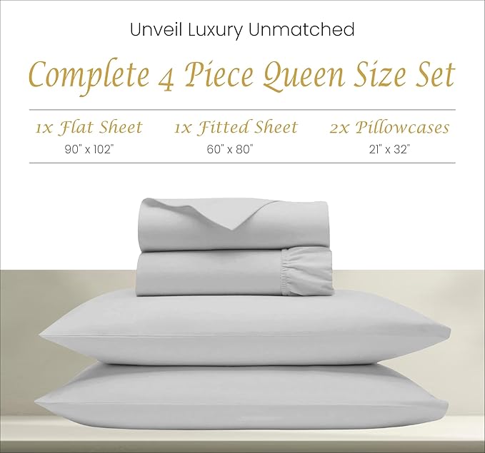 1000 Thread Count Sheets Queen - Egyptian Cotton Bed Sheets Queen Size Set, 100% Cotton Sheets Queen Deep Pocket, 4 Pc Solid Sheet Set, Light Grey Queen Sheet Set by Bluemoon Homes - LeafyLoom