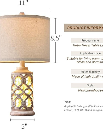 OYEARS Table Lamp Set of 2 for Living Room Bedroom 20.25'' Country Retro Lamp Vintage Nightlight Lamp for Farmhouse Home Office - LeafyLoom