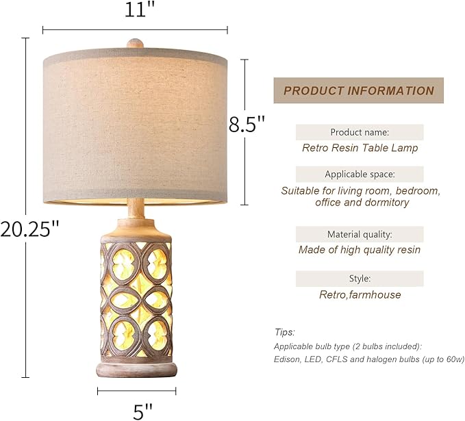 OYEARS Table Lamp Set of 2 for Living Room Bedroom 20.25'' Country Retro Lamp Vintage Nightlight Lamp for Farmhouse Home Office - LeafyLoom