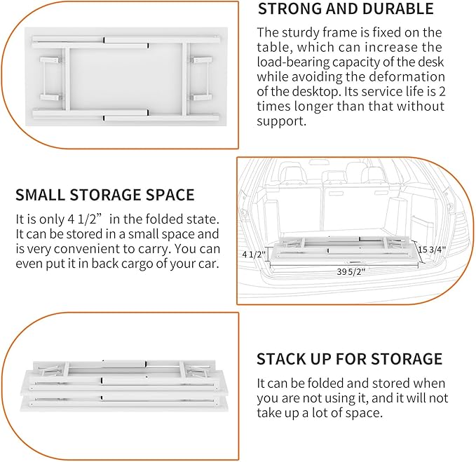 Need Folding Desk for Home Office 39-3/8" Length Modern Folding Table Computer Desk No Install Needed White Color Desktop White Frame AC5DW(100 * 60) - LeafyLoom