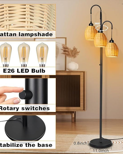 Rattan RGB Floor Lamps for Living Room with RGB LED Bulb, Dimmable Boho 3 Lights Floor lamp with App Control & Remote Control Farmhouse Stand Lamp for Bedroom，3 PCS RGB LED Bulb Included - LeafyLoom