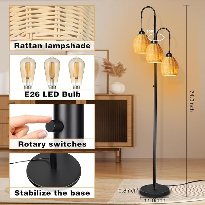 Rattan RGB Floor Lamps for Living Room with RGB LED Bulb, Dimmable Boho 3 Lights Floor lamp with App Control & Remote Control Farmhouse Stand Lamp for Bedroom，3 PCS RGB LED Bulb Included - LeafyLoom