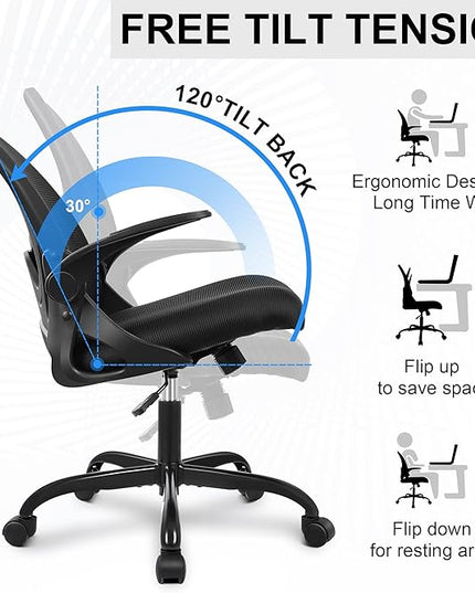 Primy Office Chair Ergonomic Desk Chair with Flip up Armrests Swivel Breathable Desk Mesh Computer Chair with Adjustable Lumbar Support and Height for Conference Room (Black) - LeafyLoom