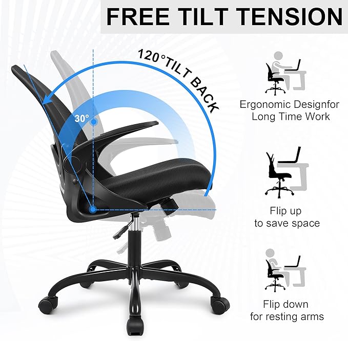 Primy Office Chair Ergonomic Desk Chair with Flip up Armrests Swivel Breathable Desk Mesh Computer Chair with Adjustable Lumbar Support and Height for Conference Room (Black) - LeafyLoom