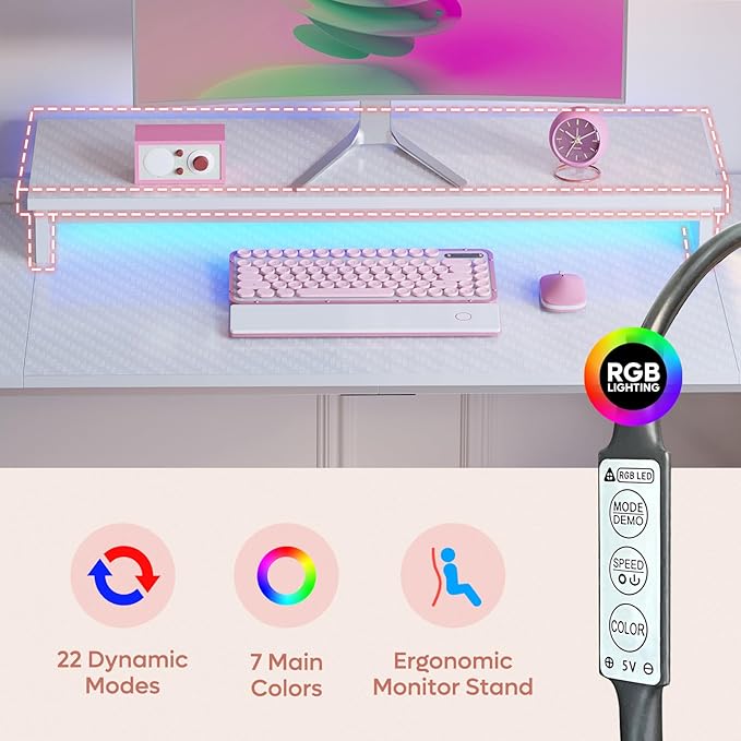 Bestier Small Gaming Desk with Power Outlets and USB Charging Ports, 52 inch Computer Desk with LED Lights and Monitor Stand, Gamer Desk for Home Office, Easy to Assemble, Carbon Fiber White - LeafyLoom