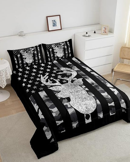 American Flag Bedding Set Deer Camo Comforter Set Queen For Kids Boys Teen Man,Western Rustic Black Grey Military Camouflage Bedding Comforters Hunting Deer Antlers Quilt Duvet For All Season 3 Pcs - LeafyLoom