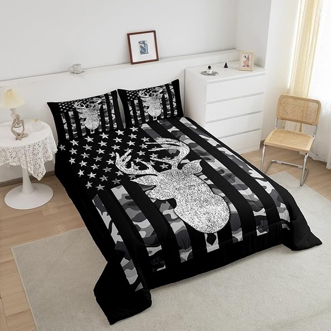American Flag Bedding Set Deer Camo Comforter Set Queen For Kids Boys Teen Man,Western Rustic Black Grey Military Camouflage Bedding Comforters Hunting Deer Antlers Quilt Duvet For All Season 3 Pcs - LeafyLoom
