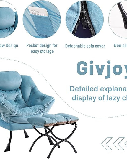 Cozy Lazy Chair and Ottoman, Large Contemporary Accent Lounge Chair Set, Leisure Upholstered Reading Armchair for Bedroom, Living Room, Dorm Rooms, Office - LeafyLoom