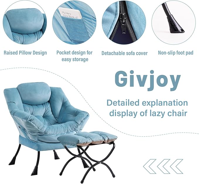 Cozy Lazy Chair and Ottoman, Large Contemporary Accent Lounge Chair Set, Leisure Upholstered Reading Armchair for Bedroom, Living Room, Dorm Rooms, Office - LeafyLoom