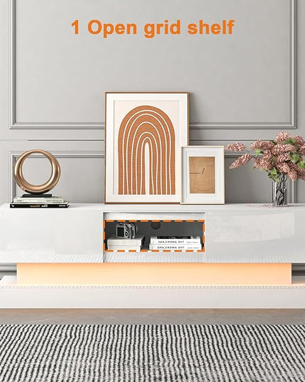 Modern TV Stand Glossy White - TV Console with Led Lights and Storage Drawers for Televisions up to 70 Inchs - Media Entertainment Center for Living Room, Bedroom - LeafyLoom