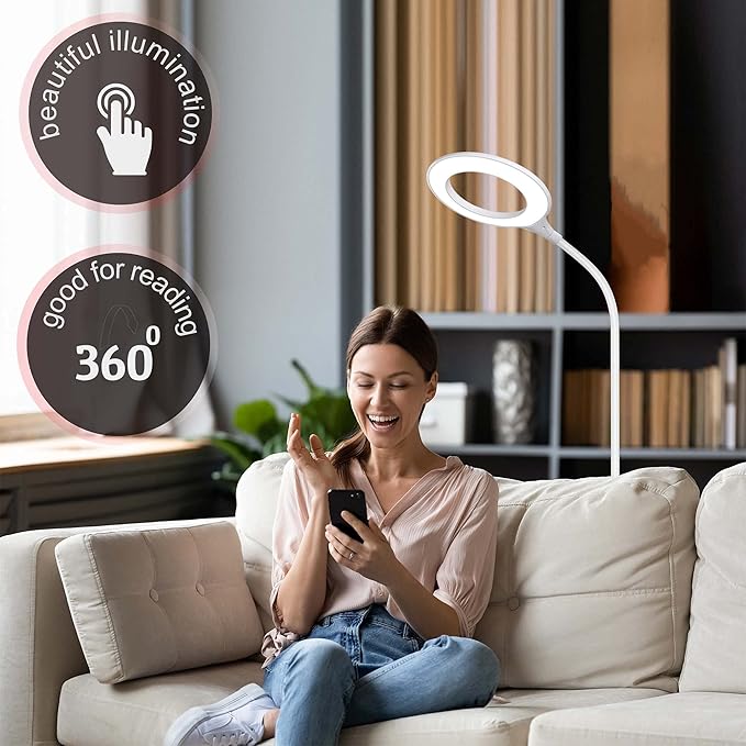 Bright Floor Lamp for Office, Reading and Bedrooms. LED Floor Lamp for Lash Light for EyeLash Extensions, Makeup & Nail Spa. Gooseneck Standing Lamp (White) - LeafyLoom