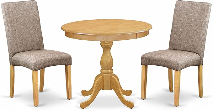 East West Furniture Antique 3 Piece Room Set Contains a Round Kitchen Table with Pedestal and 2 Dark Khaki Linen Fabric Parsons Dining Chairs, 36x36 Inch, Oak - LeafyLoom