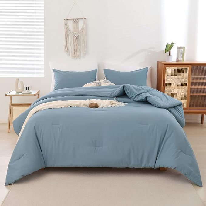 ROSGONIA Comforter Full Size for Boys Teen Girls Dusty Blue, 3pcs (1 Boho Comforter & 2 Pillowcases), Lightweight Dorm Bedding Soft All Season Bed Set - LeafyLoom