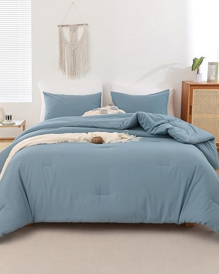 ROSGONIA Dusty Blue Comforter Set Queen, 3pcs(1 Boho Blue Comforter & 2 Pillowcases) All Season Soft Bedding Lightweight Bedspread Blanket Quilt - LeafyLoom