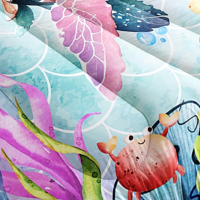 Datura home Kids Comforter Set Mermaid Scale Turtle Printed Pattern Bedding Set with 1 Comforter and 2 Pillowcases for Girls Boys Bedroom All Season(Turtle Twin) - LeafyLoom