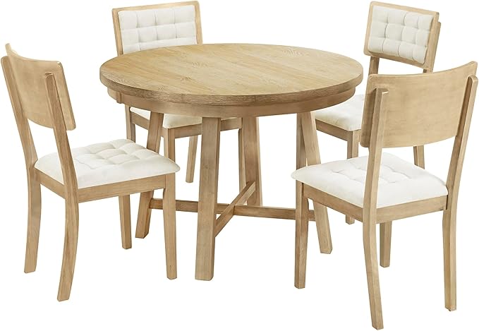 NicBex Round Dining Table for 4 Table Set Rustic 42Inch Round Dining Table Set with Cross Legs and Upholstered Dining Chairs, Space-Saving Dinette for Kitchen, Dining Room, Natural Wood - LeafyLoom