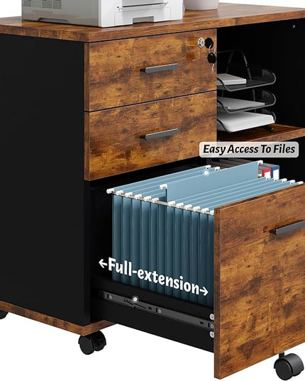 Wood File Cabinet, 3 Drawer Mobile Lateral Filing Cabinet On Wheels, Printer Stand with Open Storage Shelves for Home Office (Wood) - LeafyLoom