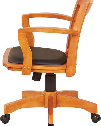 OSP Home Furnishings Deluxe Wood Banker's Desk Chair with Padded Seat, Adjustable Height and Locking Tilt, Fruitwood Finish and Black Vinyl - LeafyLoom