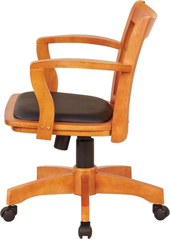 OSP Home Furnishings Deluxe Wood Banker's Desk Chair with Padded Seat, Adjustable Height and Locking Tilt, Fruitwood Finish and Black Vinyl - LeafyLoom