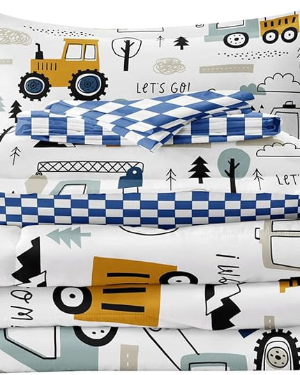 4-Pcs Construction Twin Size Boys Bedding Set, Kids Comforter Set for Teens w/Sheets and Pillowcase, Soft Cartoon Tractor Cars Bed in a Bag Sets - LeafyLoom