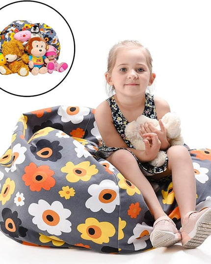 YuppieLife Kids Storage Bean Bag Cover（No Filling）Toy Organizer|Carrying Handle Sofa|Available for Kids and Teenager|Cuddle Chair|Machine Washable and Durable（27“,Grey Flora） - LeafyLoom