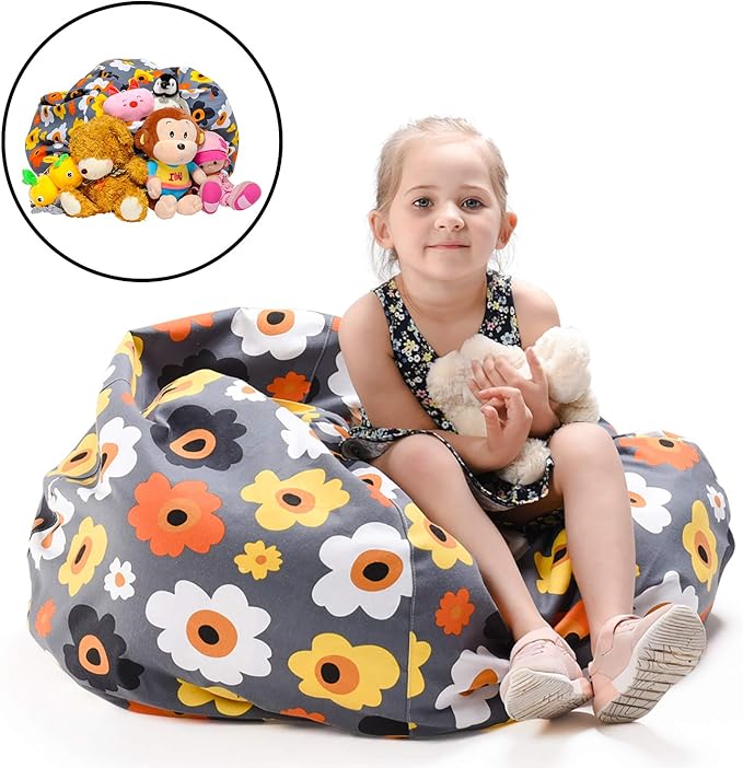 YuppieLife Kids Storage Bean Bag Cover（No Filling）Toy Organizer|Carrying Handle Sofa|Available for Kids and Teenager|Cuddle Chair|Machine Washable and Durable（27“,Grey Flora） - LeafyLoom