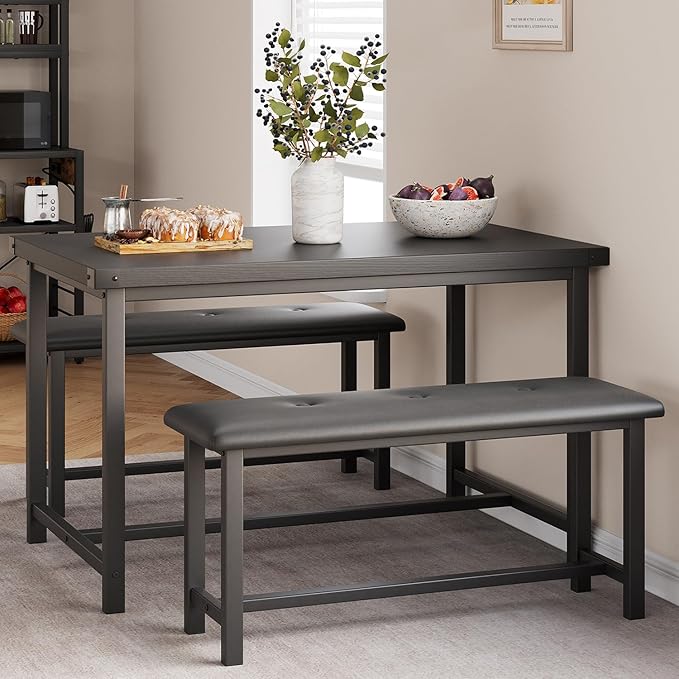 Kitchen Table with Benches, Dining Table Set for 4, Rectangular Dining Room Table Set with 2 Upholstered Benches, 3 Piece Kitchen Table Set for Small Space, Apartment, Studio, Retro Black - LeafyLoom