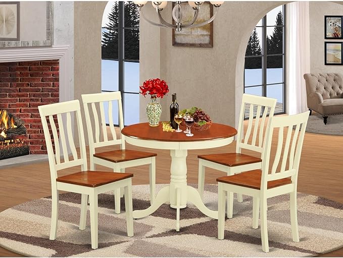 East West Furniture Antique 5 Piece Modern Set Includes a Round Kitchen Table with Pedestal and 4 Dining Chairs, 36x36 Inch, ANTI5-WHI-W - LeafyLoom