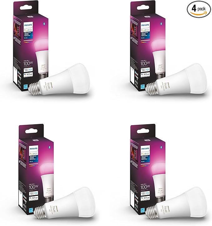 Philips Hue Smart 100W A21 LED Bulb - White and Color Ambiance Color-Changing Light - 4 Pack - 1600LM - E26 - Indoor - Control with Hue App - Works with Alexa, Google Assistant and Apple Homekit. PhilipsHue