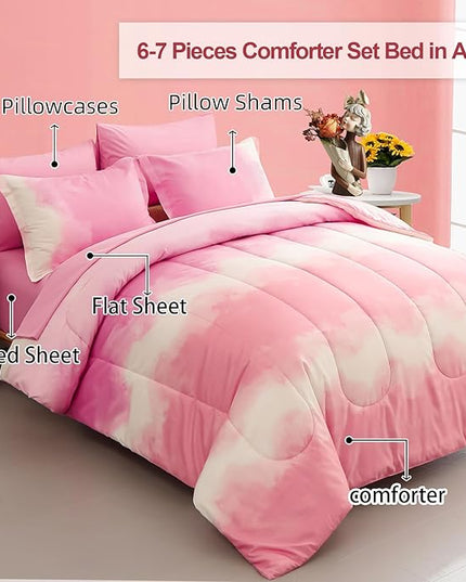 Dinjoy Girls Comforter Set Twin Size Colorful Rainbow Ombre Pink Bedding Set Gradient Soft Lightweight 6 Pieces Bed in A Bag for Kids Teen Women(1 Comforter, 1 Flat Sheet, 1 Fitted Sheet) - LeafyLoom