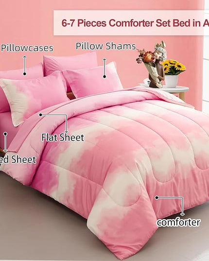 Dinjoy Girls Comforter Set Queen Size Colorful Rainbow Ombre Pink Bedding Set Gradient Soft Lightweight 7 Pieces Bed in A Bag for Kids Teen Women(1 Comforter, 1 Flat Sheet, 1 Fitted Sheet) - LeafyLoom