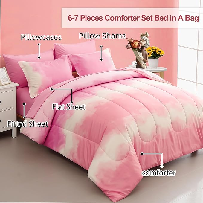 Dinjoy Girls Comforter Set Queen Size Colorful Rainbow Ombre Pink Bedding Set Gradient Soft Lightweight 7 Pieces Bed in A Bag for Kids Teen Women(1 Comforter, 1 Flat Sheet, 1 Fitted Sheet) - LeafyLoom
